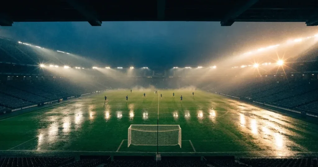 Ein Fussballspiel am Abend aus der Tribünenperspektive, die Spieler sind nur als kleine Figuren zu erkennen und das Flutlicht beleuchtet den nassen Rasen.
