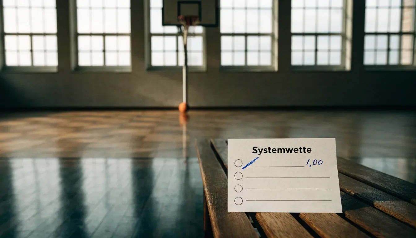 Ein Basketball liegt unter dem Korb in einer leeren Sporthalle, durch hohe Fenster fällt Tageslicht auf das Parkett.