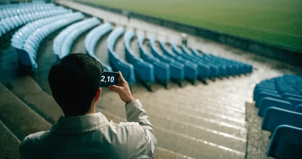 Eine Reihe leerer Sitzschalen auf der Tribüne eines kleinen Stadions, auf den Stufen glänzt Regenwasser.