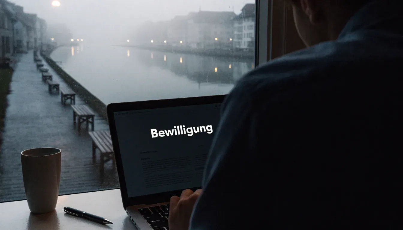 Eine Seepromenade mit leeren Bänken an einem nebligen Morgen, im Wasser spiegeln sich die Lichter der Uferlaternen.