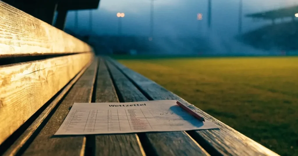 Ein Fernglas liegt auf einer leeren Holzbank an der Seitenlinie eines Fussballfelds, vom Rasen steigt Nebel auf.