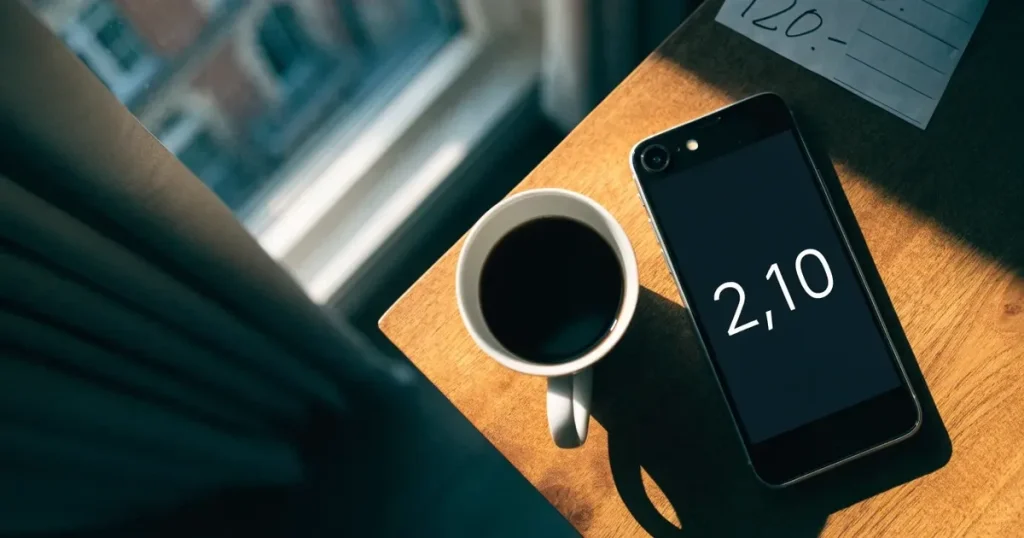 Ein Smartphone mit dunklem Display liegt auf einem Holztisch neben einer Kaffeetasse, durch das Fenster fällt warmes Abendlicht.
