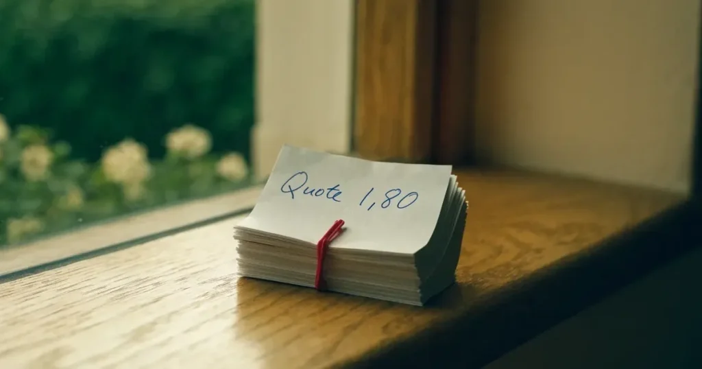 Ein kleiner Stapel unbeschrifteter Papierkarten, von einem roten Gummiband zusammengehalten, liegt auf einer Holzplatte vor einem Fenster.