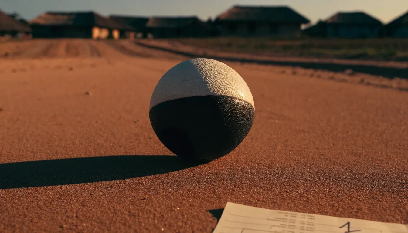Ein Fussball liegt auf rotbraunem Sand am Rand eines Dorfes, die Abendsonne wirft lange Schatten.
