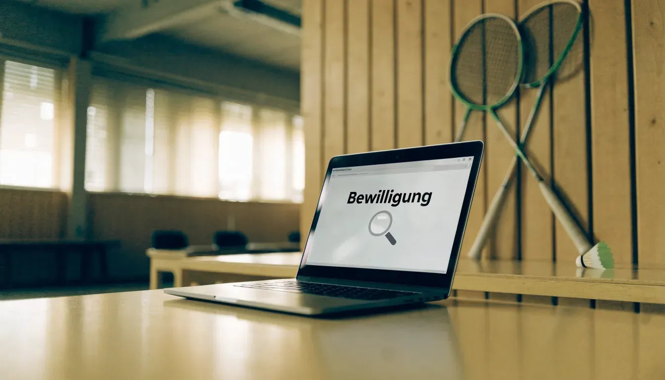 Zwei Badmintonschläger lehnen gekreuzt an einer Hallenwand aus Holz, daneben steht ein Korb mit Federbällen.
