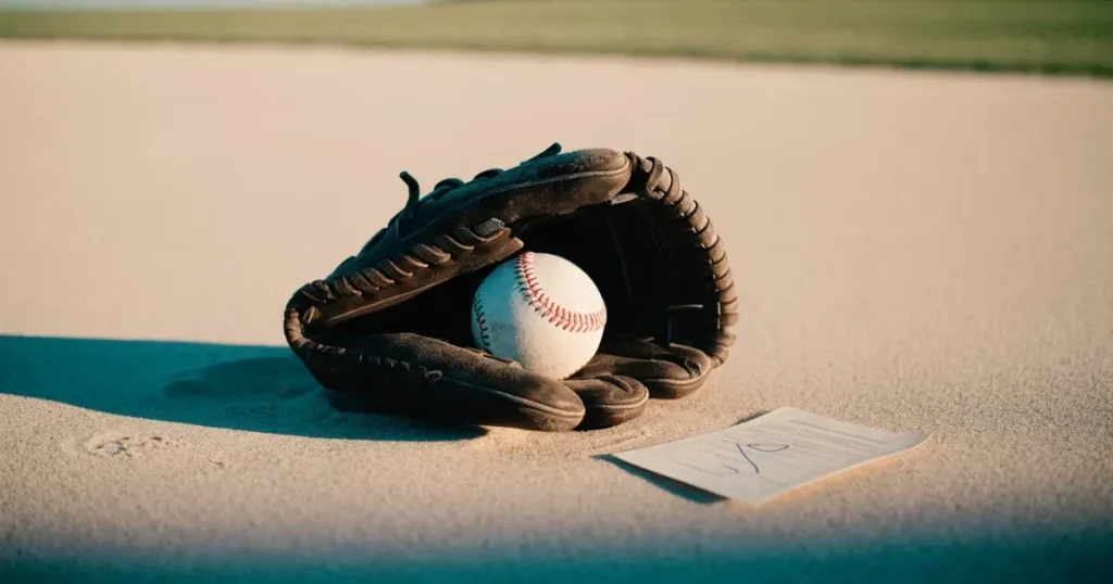 Ein Lederhandschuh und ein Ball liegen auf dem Sandboden eines leeren Spielfelds, die tiefstehende Sonne wirft lange Schatten.