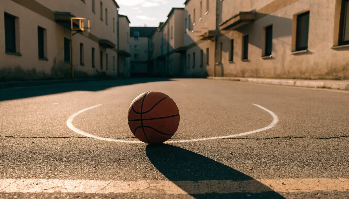 Ein Basketball liegt auf einem Asphaltplatz in einem Hinterhof zwischen Wohnblöcken, das Abendlicht färbt die Wände warm.