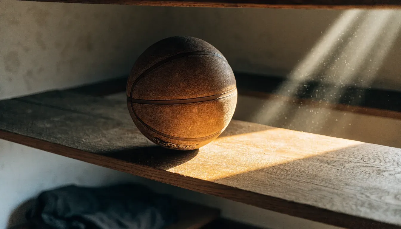 Ein abgenutzter Lederball liegt auf einem Holzregal in einem Vereinsraum, ein Sonnenstrahl macht den Staub sichtbar.