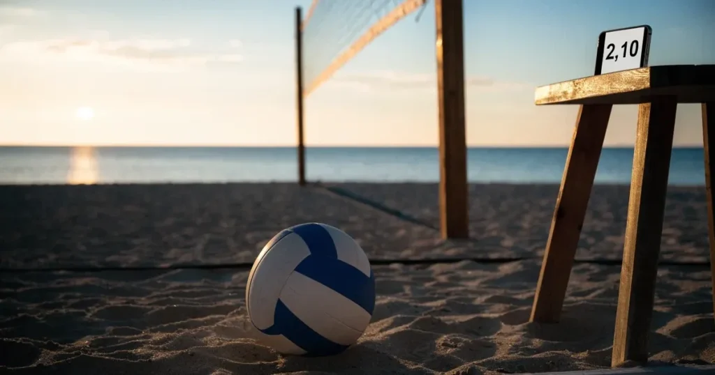 Ein Volleyball liegt auf feinem hellem Sand, ein gespanntes Netz verschwimmt dahinter, das Licht kommt von einem weiten Meer.