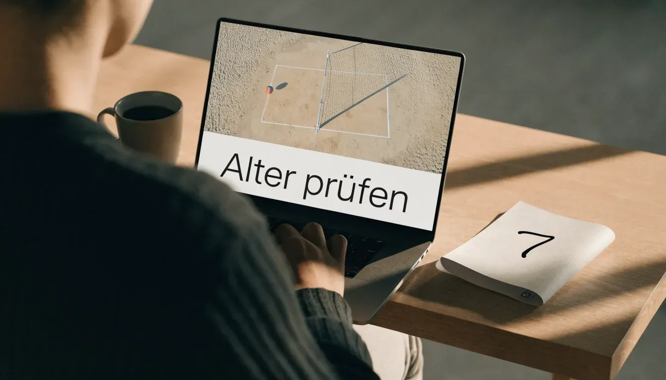 Spuren im Sand führen durch Dünengras auf den Horizont zu, die Sonne steht tief und färbt den Himmel orange.