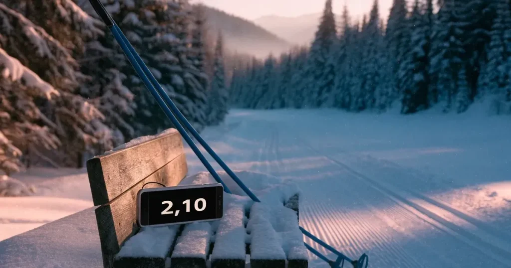 Eine verschneite Langlaufloipe führt durch Tannenwald im Morgenlicht, frische Spuren im Schnee, dahinter Berge im Dunst.