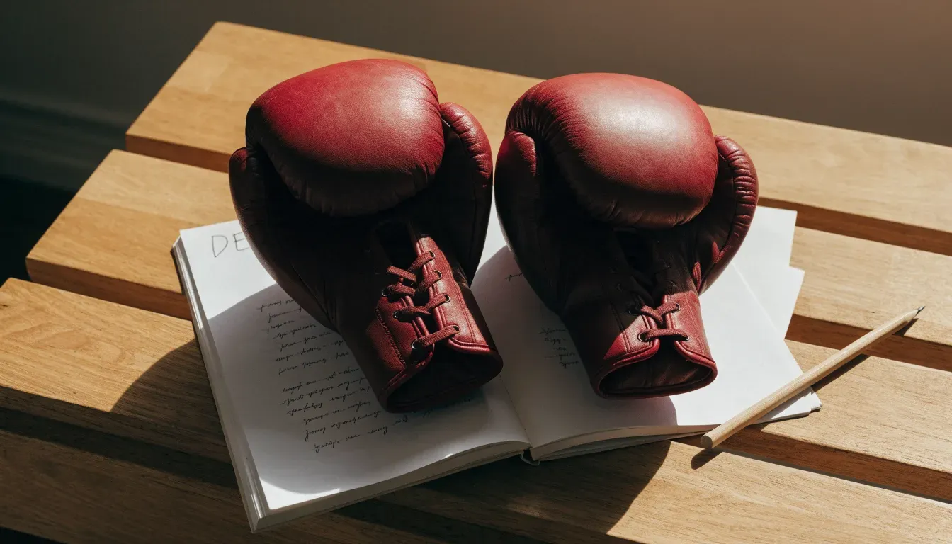 Ein Paar Boxhandschuhe aus Leder liegt auf einer Holzbank neben einem Notizbuch mit handgeschriebenen Zeilen, warmes Fensterlicht