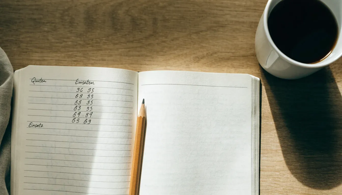 Ein aufgeschlagenes Notizbuch mit handgeschriebenen Spalten und ein Bleistift neben einer Tasse Kaffee auf einem Holztisch am Morgen