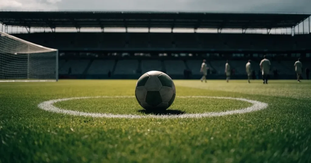 Ein Fussball liegt auf dem Anstosspunkt eines frisch gemähten Rasens, dahinter eine grosse Tribüne unter bewölktem Himmel