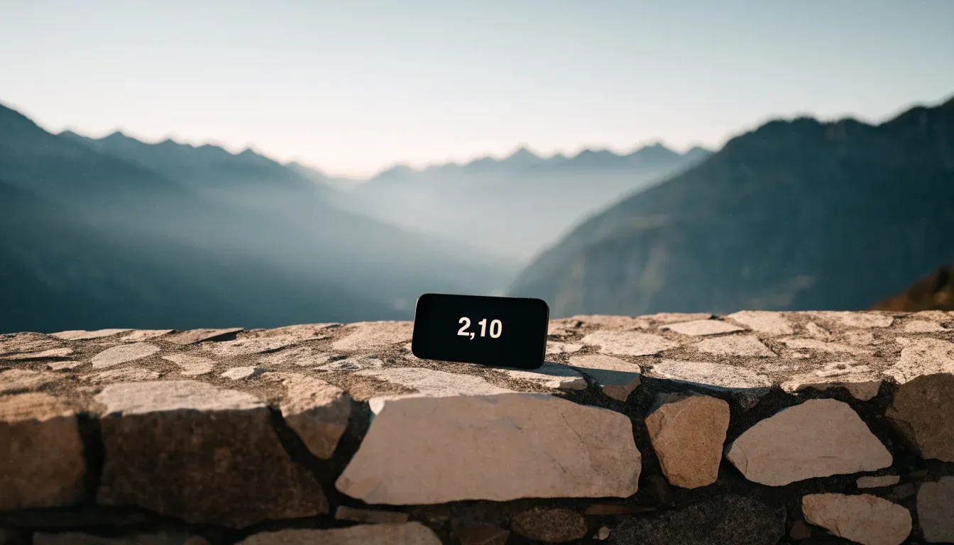 Ein Smartphone mit dunklem Display liegt auf einer Steinmauer, dahinter ein Alpental im Abendlicht
