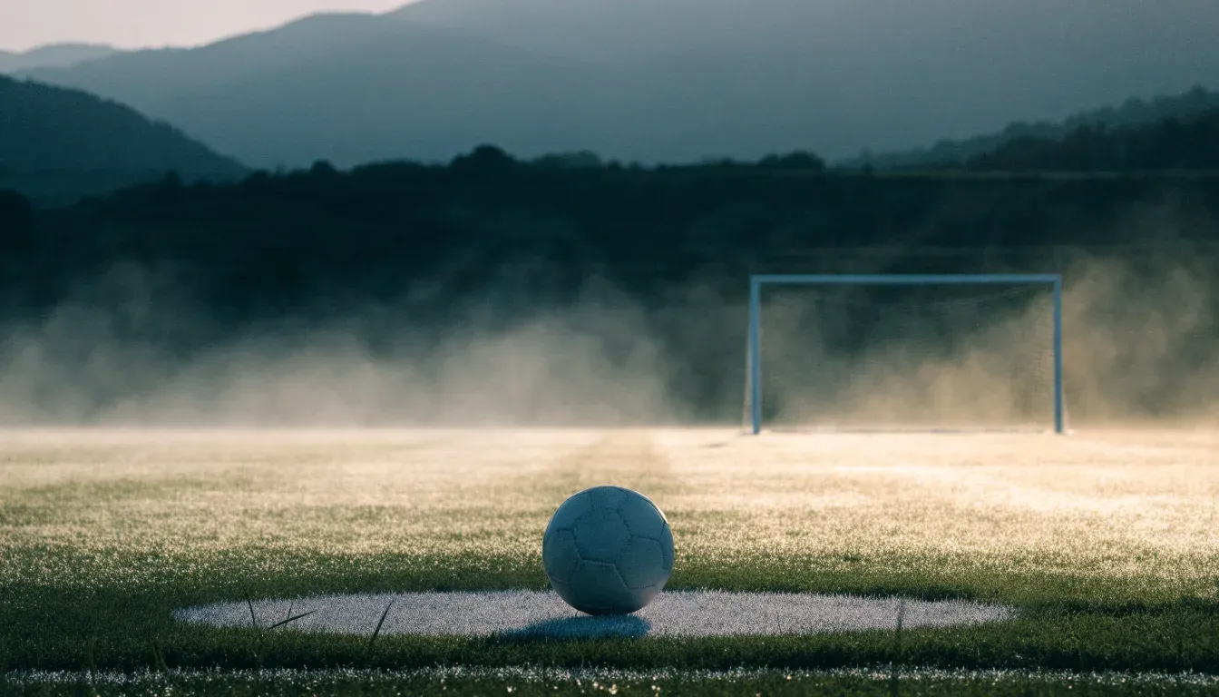 Ein einzelner Fussball auf dem Mittelpunkt eines leeren Rasens im Morgennebel, hinter dem Tor ragen Berge auf
