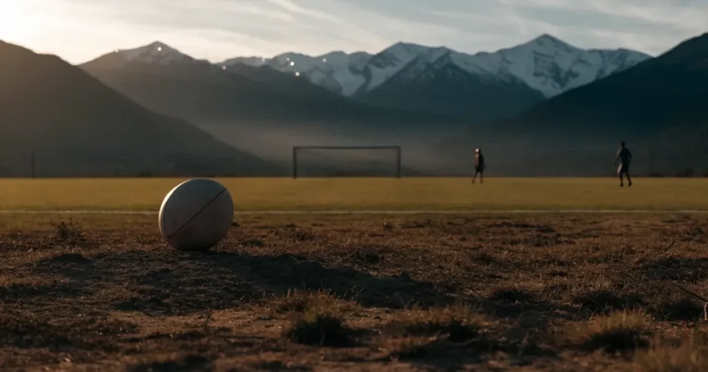 Ein Fussball auf einem staubigen Rasenstück in der Abendsonne, im Hintergrund eine hohe Bergkette