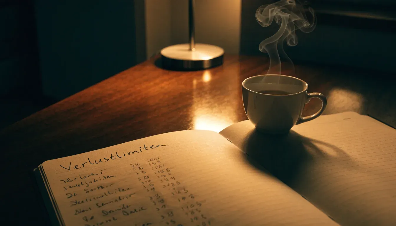 Ein Notizbuch mit handschriftlichen Einträgen und eine Tasse Tee stehen auf einem Tisch neben einer Stehlampe