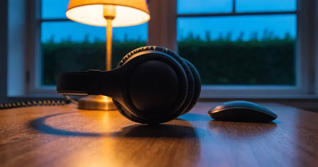 Ein Headset und eine Computermaus liegen auf einem Holzschreibtisch neben einer Tischlampe, draussen ist es Abend