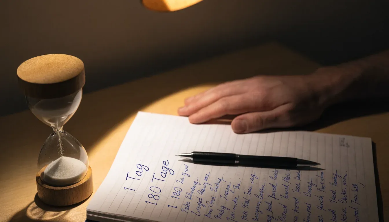 Eine Sanduhr steht auf einem Schreibtisch neben einem Notizbuch mit handschriftlichen Einträgen im Licht einer Lampe