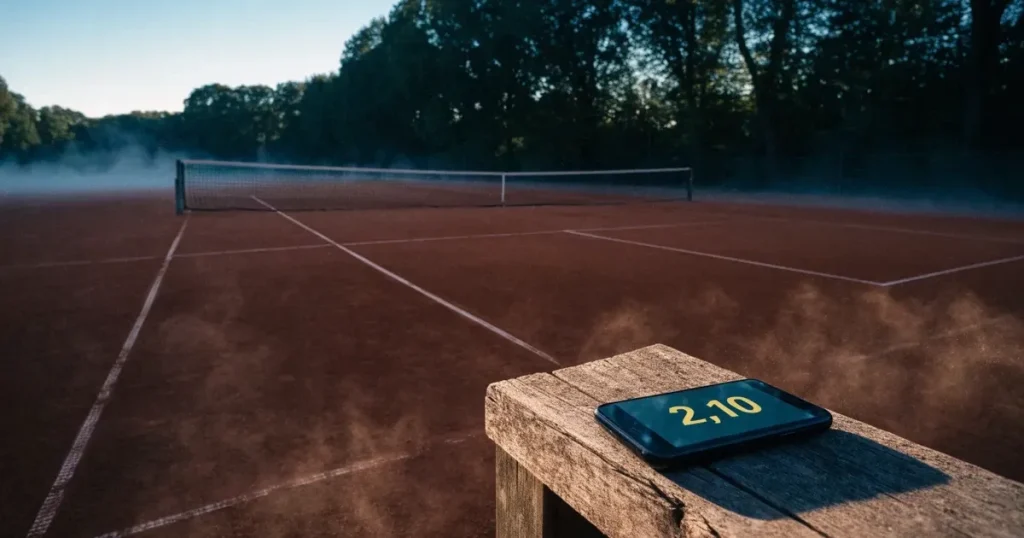 Ein Tennisplatz aus Sand bei Sonnenaufgang mit gespanntem Netz, Nebel zwischen den Bäumen am Rand
