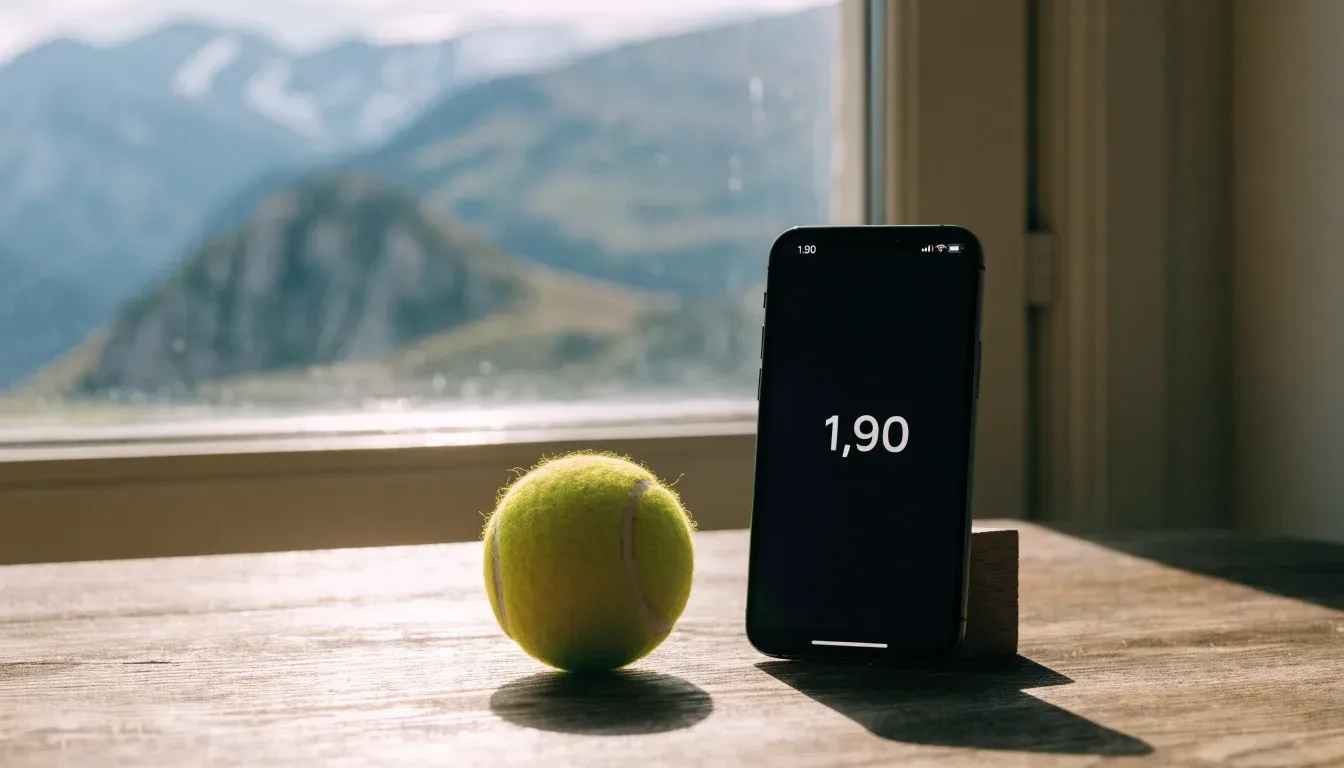 Ein einzelner gelber Tennisball liegt auf einem Holztisch vor einem Fenster mit Alpenblick