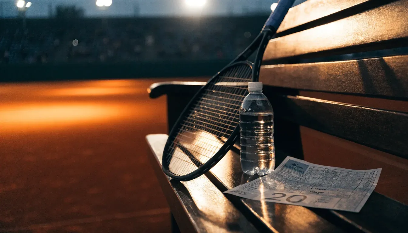 Ein Tennisschläger lehnt an einer Bank neben einer Wasserflasche, am Abend ruht der Platz im Flutlicht, aus der Ferne gesehen
