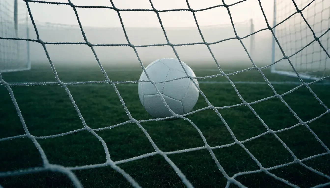 Ein Fussball liegt im Netz hinter einem Tor, weicher Morgennebel hängt über dem Rasen
