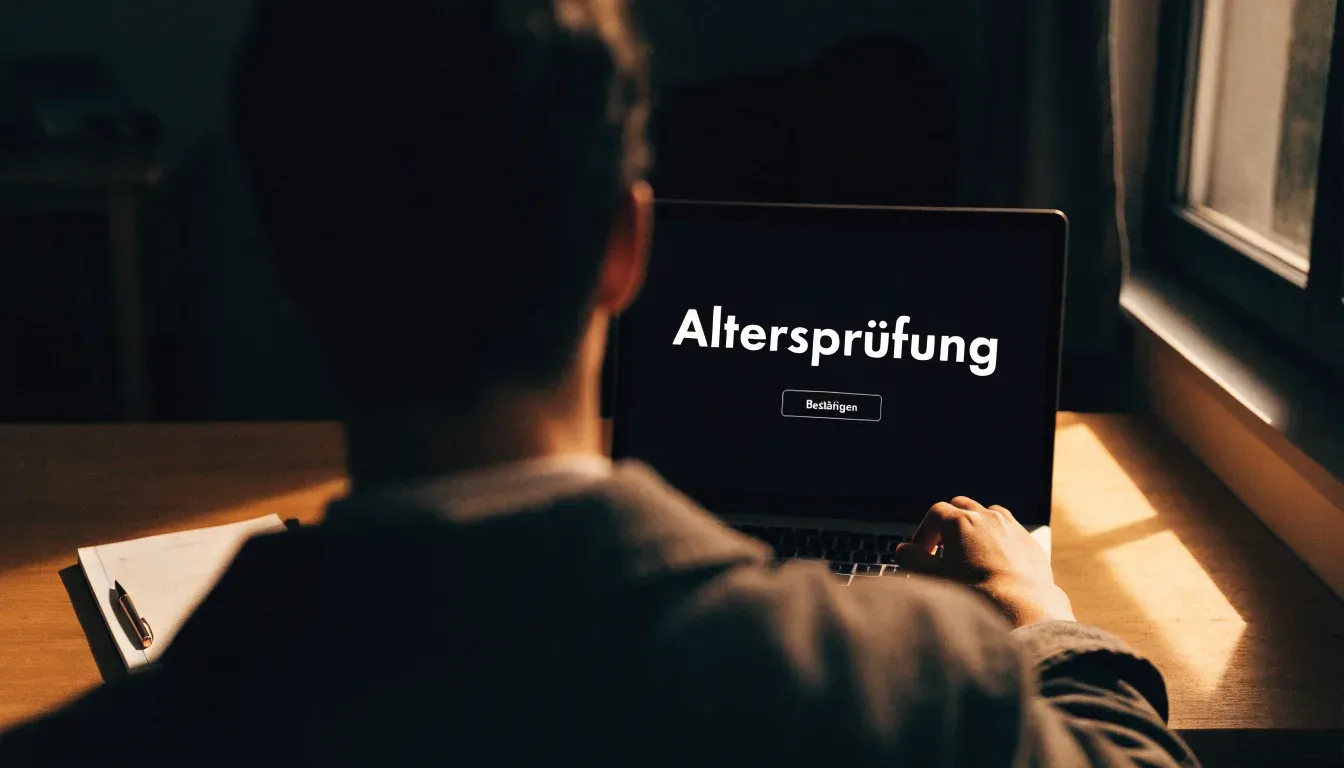 Ein Kiesweg führt durch einen Obstgarten zu einem Bauernhaus mit Holzbalkon, über dem Tal liegt Abendlicht