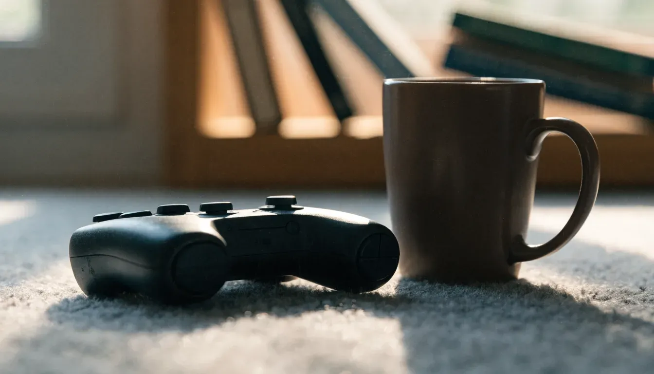 Ein Spielcontroller liegt auf einem Teppich neben einer Tasse, im Hintergrund ein Regal mit Büchern
