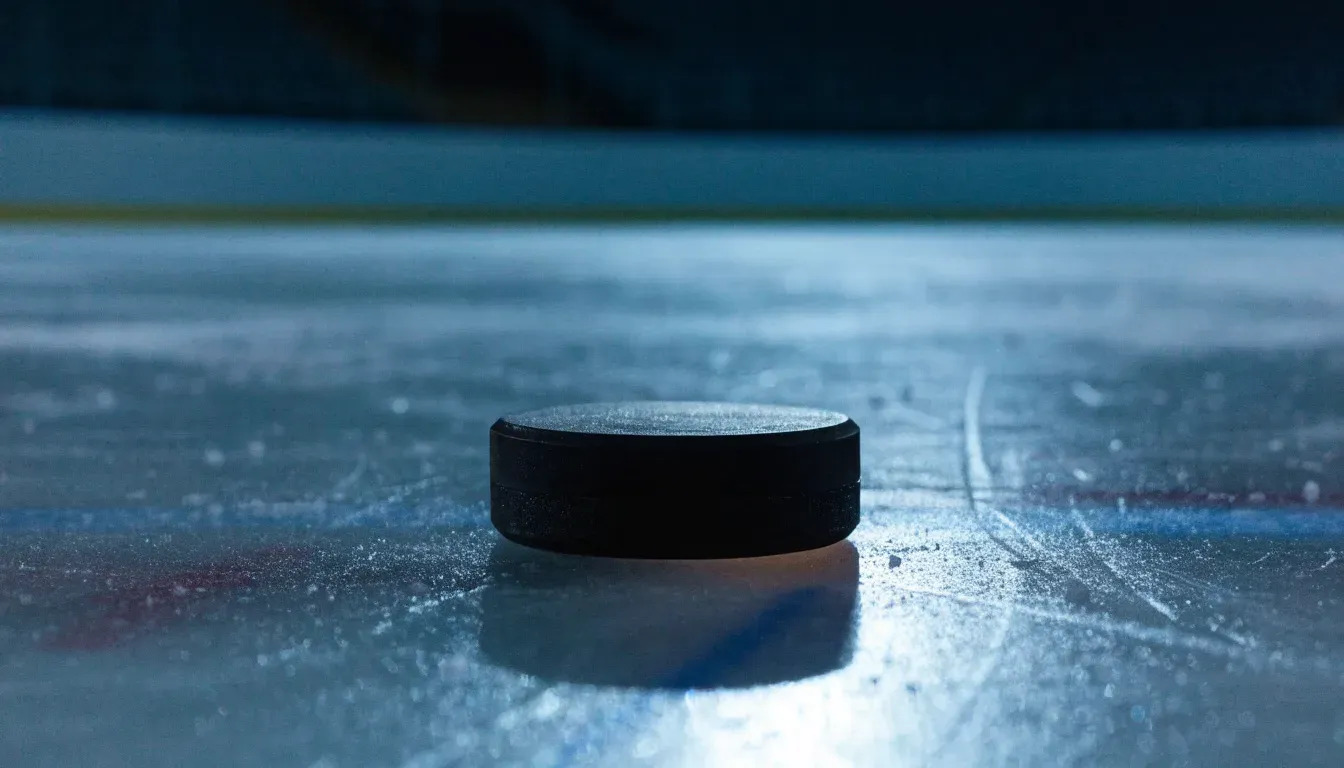 Ein Eishockeypuck liegt auf einer Eisfläche mit Kratzspuren, Nahaufnahme mit kühlen Reflexen