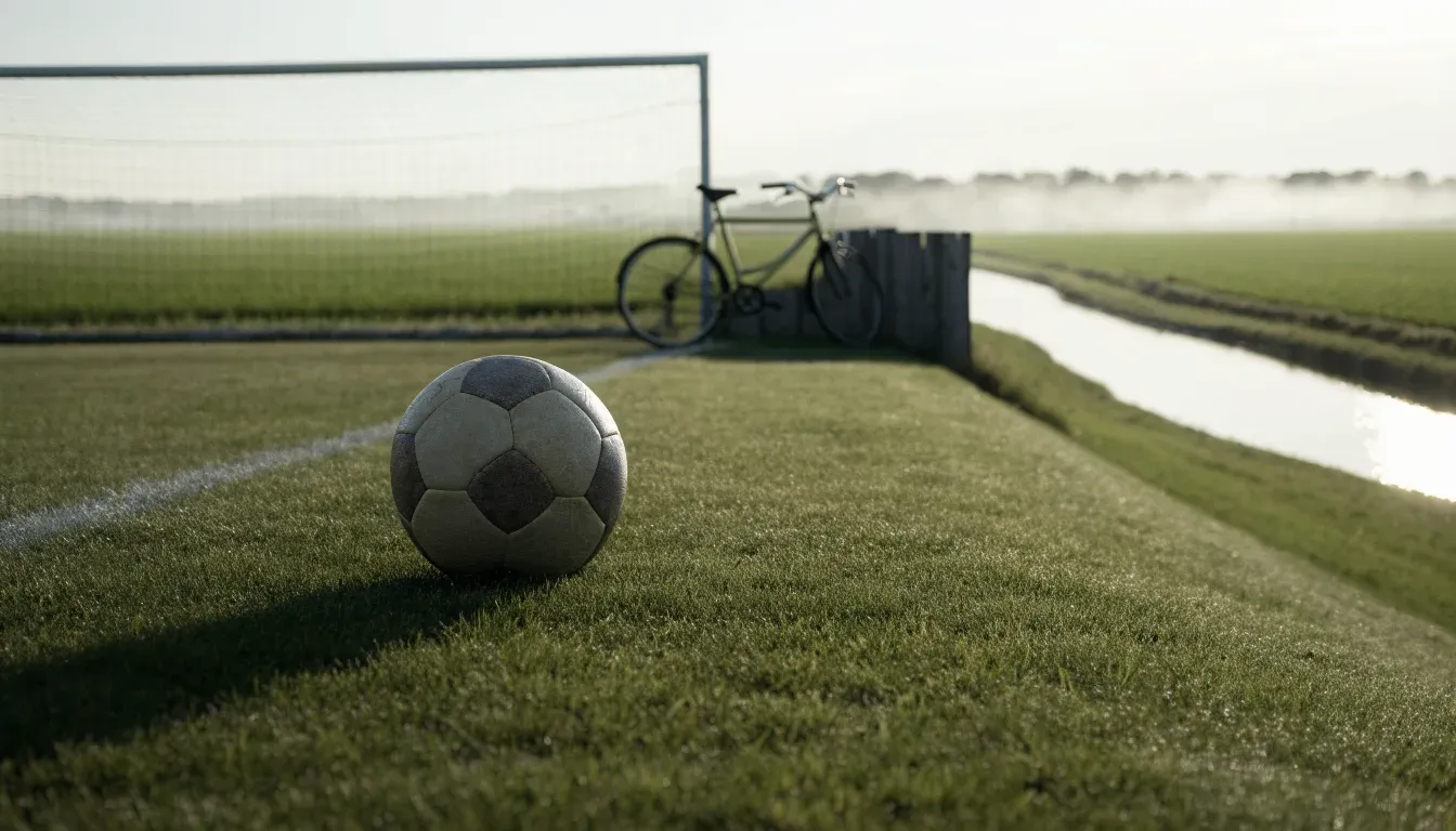 Ein Fussball liegt auf einer Wiese neben einem Fahrrad, im Hintergrund ein Kanal im Morgenlicht