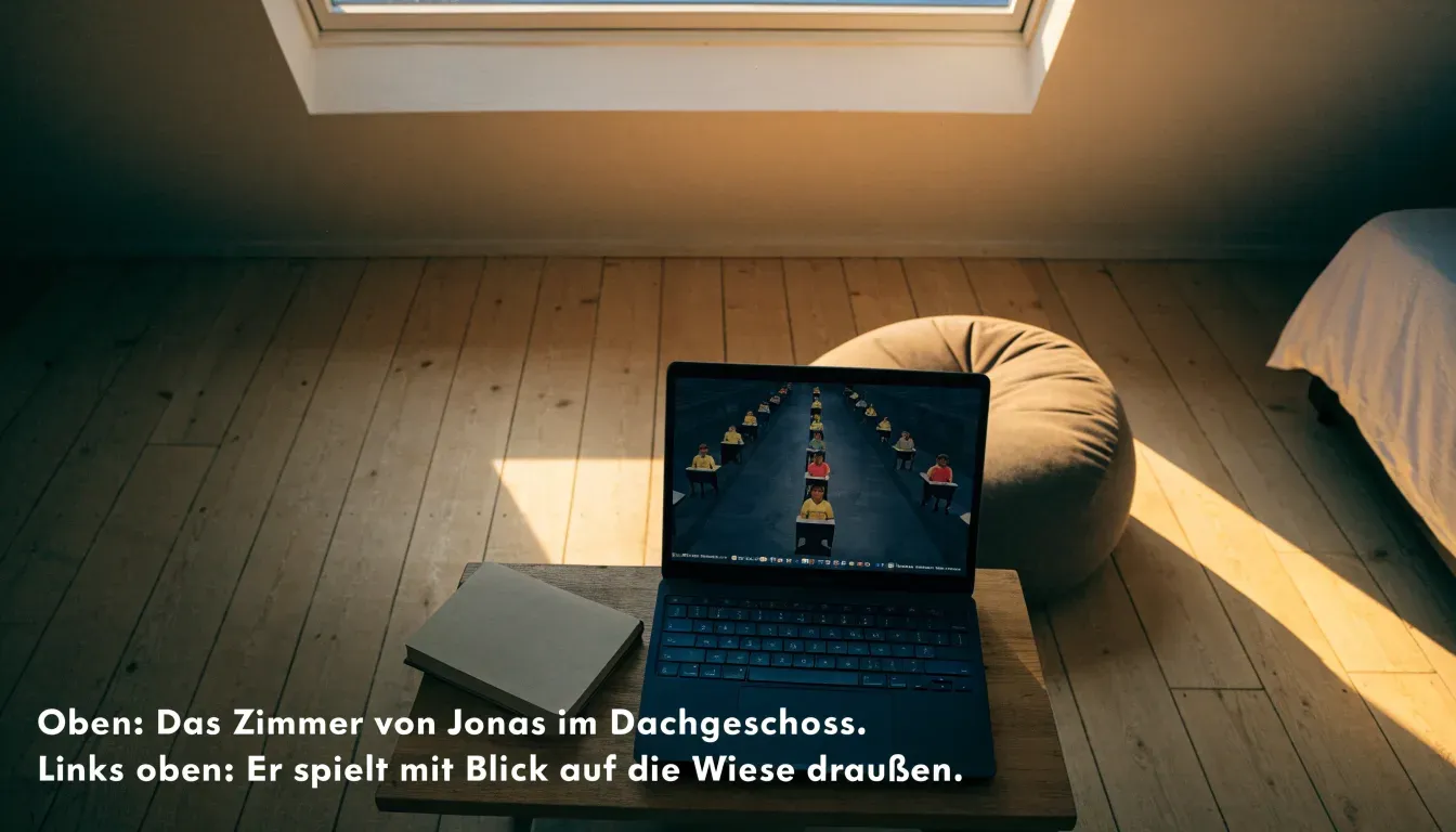 Ein leerer Sitzsack steht in einem Zimmer mit Dachfenster, Abendlicht fällt auf den Holzboden