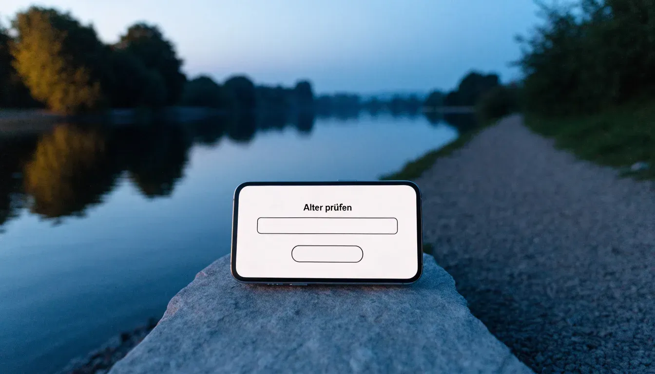 Ein schmaler Wanderweg führt am Seeufer entlang, auf einem Stein liegt ein Smartphone mit dunklem Display