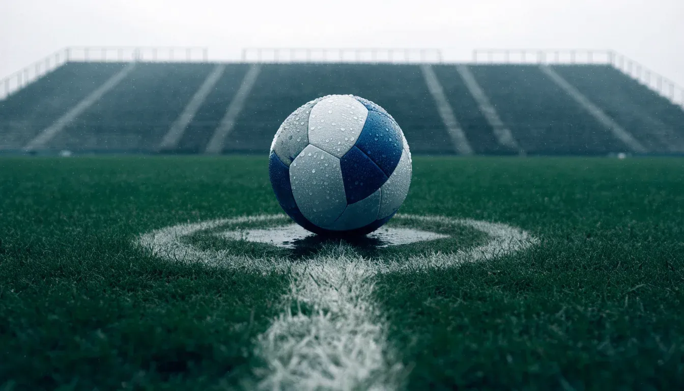 Ein Fussball liegt auf dem Anstosspunkt eines nassen Rasens, dahinter eine leere Tribüne unter grauem Himmel.
