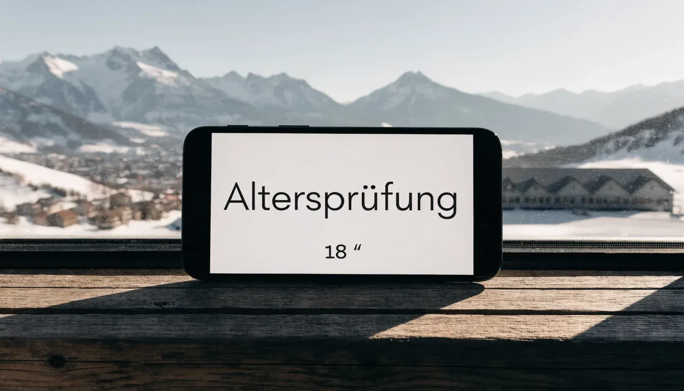 Schneebedeckte Berge ragen hinter einem kleinen Stadion in einem Alpental auf, im Vordergrund ein leerer Parkplatz am Morgen.