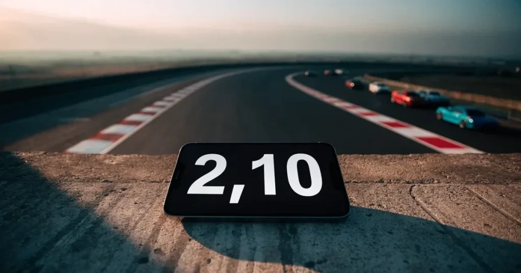 Eine leere Rennstrecke mit Asphaltkurven und rot-weissen Randsteinen, aus der Höhe bei Sonnenaufgang gesehen.