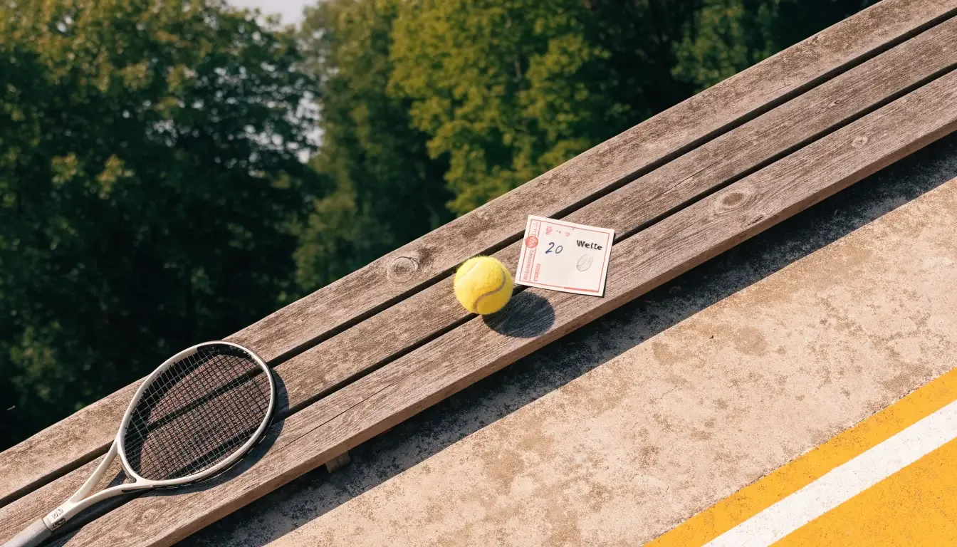 Ein Tennisball und ein Schläger ruhen auf einer Holzbank am Spielfeldrand, im Hintergrund hohe Bäume im Sommerlicht.