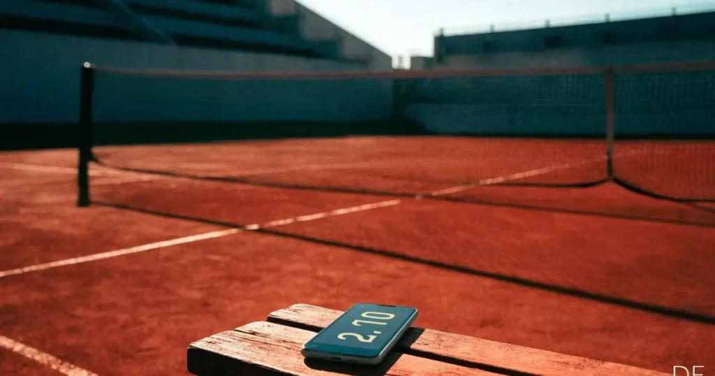 Ein Tennisplatz aus rotem Sand liegt im ersten Licht des Morgens, das Netz hängt still und die Linien sind frisch gezogen.