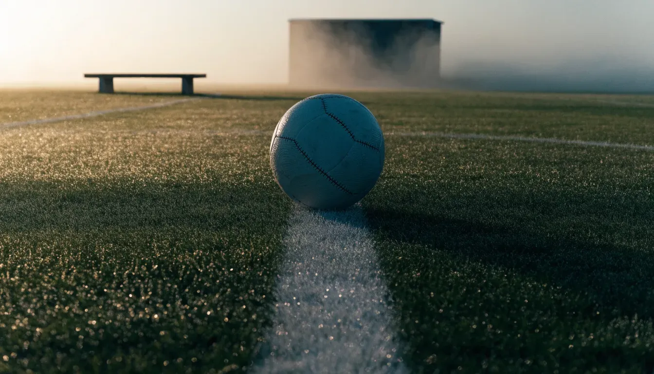 Ein Fussball liegt im Tau auf der Mittellinie eines Dorfplatzes bei Sonnenaufgang, der Rasen glitzert.