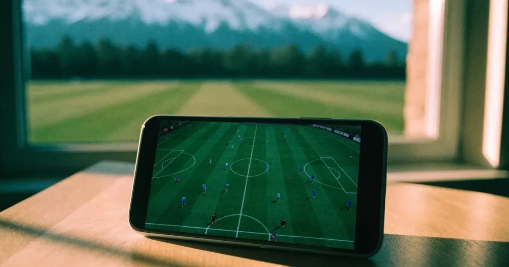 Ein Fussballplatz aus der Vogelperspektive mit sauberen Linien auf dichtem Rasen, in der Ferne verschneite Berge.