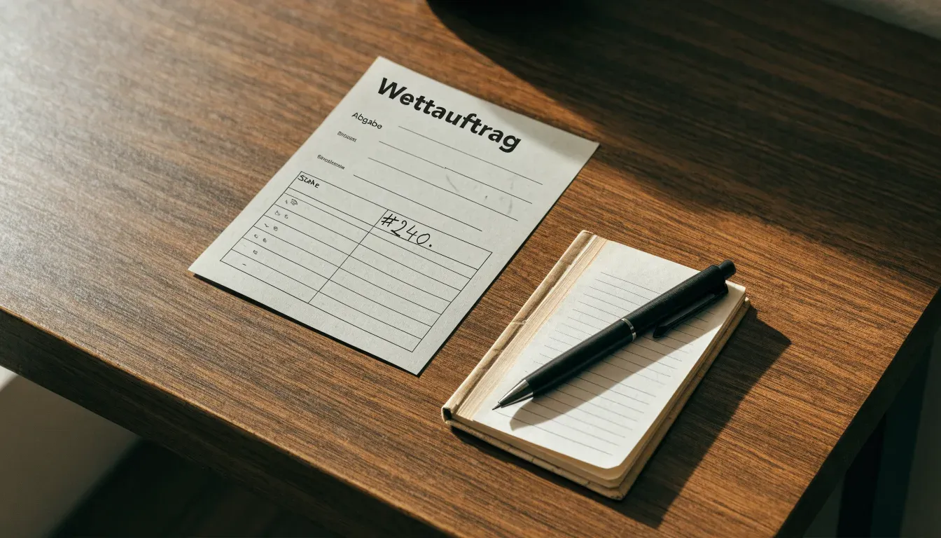 Eine Messingwaage steht auf einem dunklen Holzregal in einem ruhigen Raum, Staub tanzt im Licht.