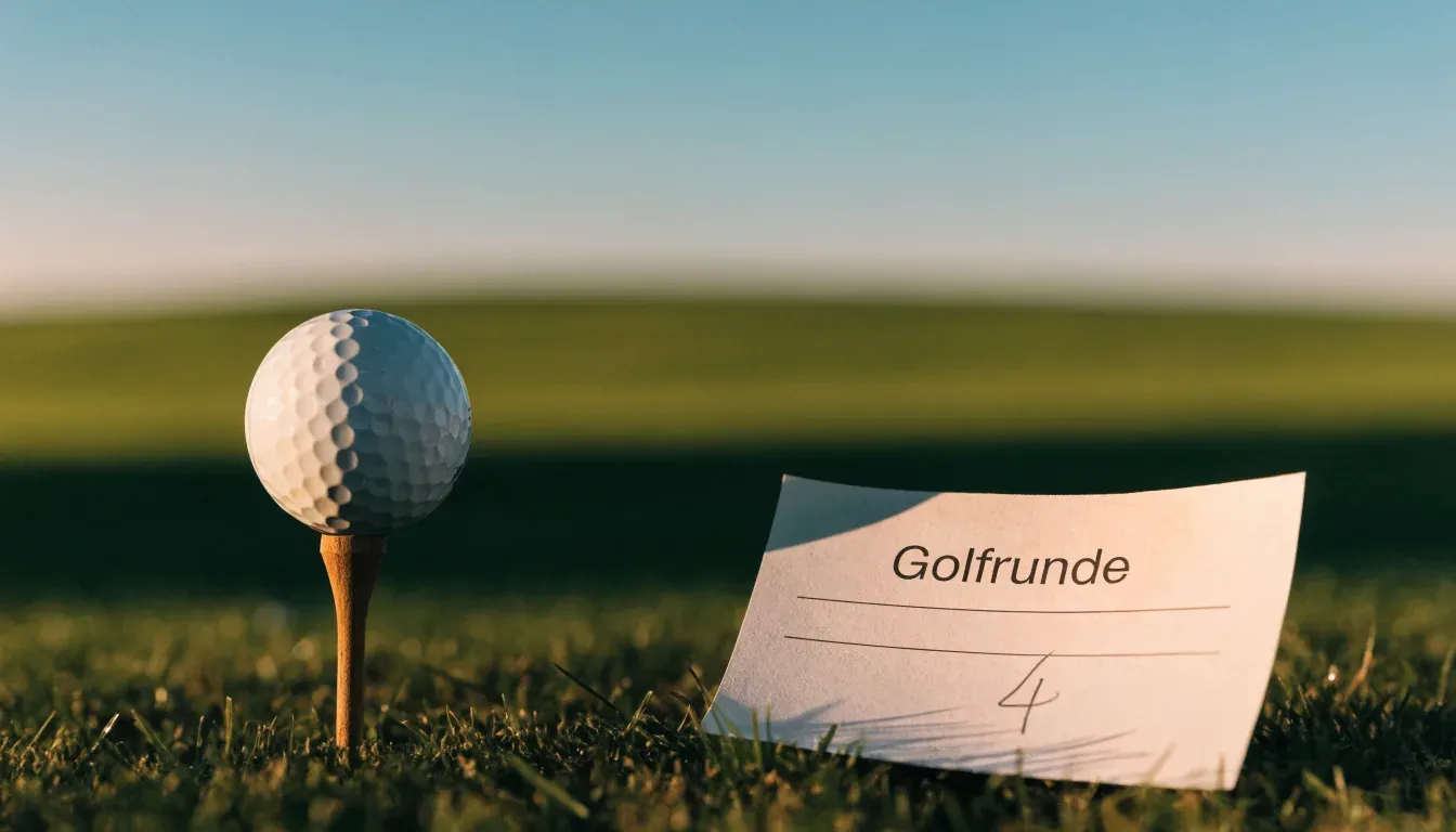 Ein Golfball liegt auf einem Holztee im Gras, scharf im Vordergrund, dahinter verschwimmt eine weite Wiese.