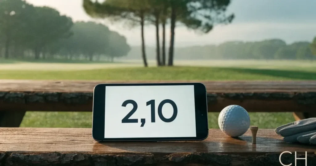 Ein weites Fairway zieht sich im Dunst des frühen Morgens zwischen Föhren hin, Tau liegt auf dem kurzen Gras.