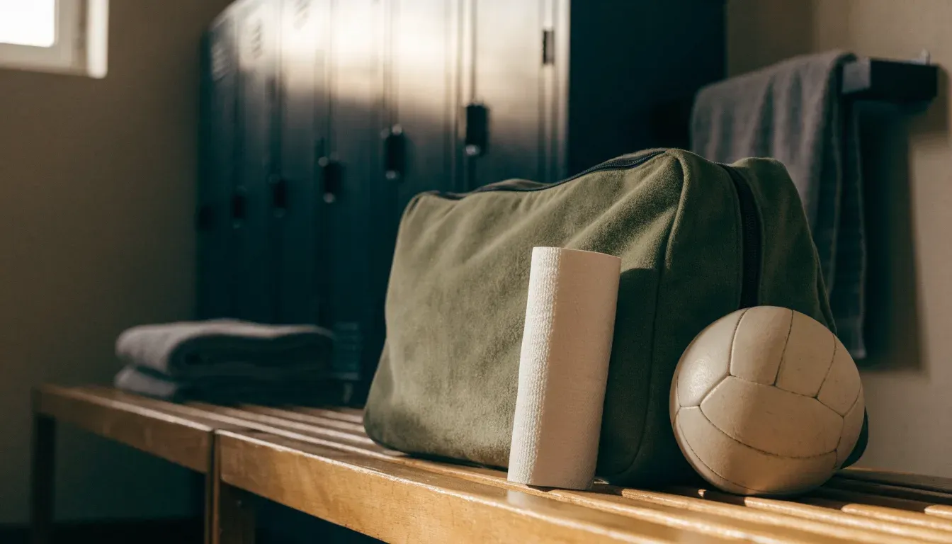 Eine Stofftasche mit Klebeband und zwei Handbällen steht auf einer Bank in einer Umkleide, Licht fällt durch ein kleines Fenster.