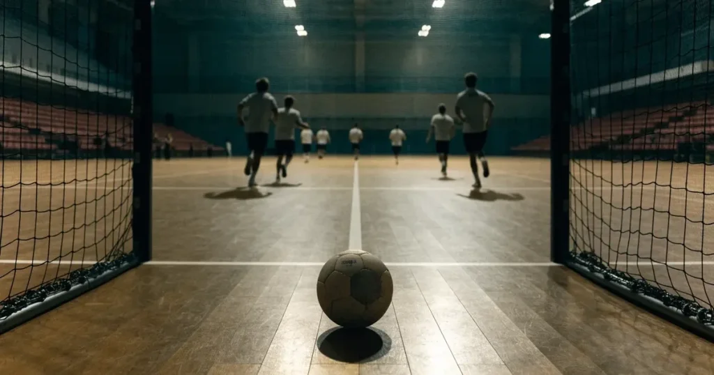 Ein Tor mit dicht gespanntem Netz steht in einer grossen Halle, davor liegt ein Handball auf der Torraumlinie.