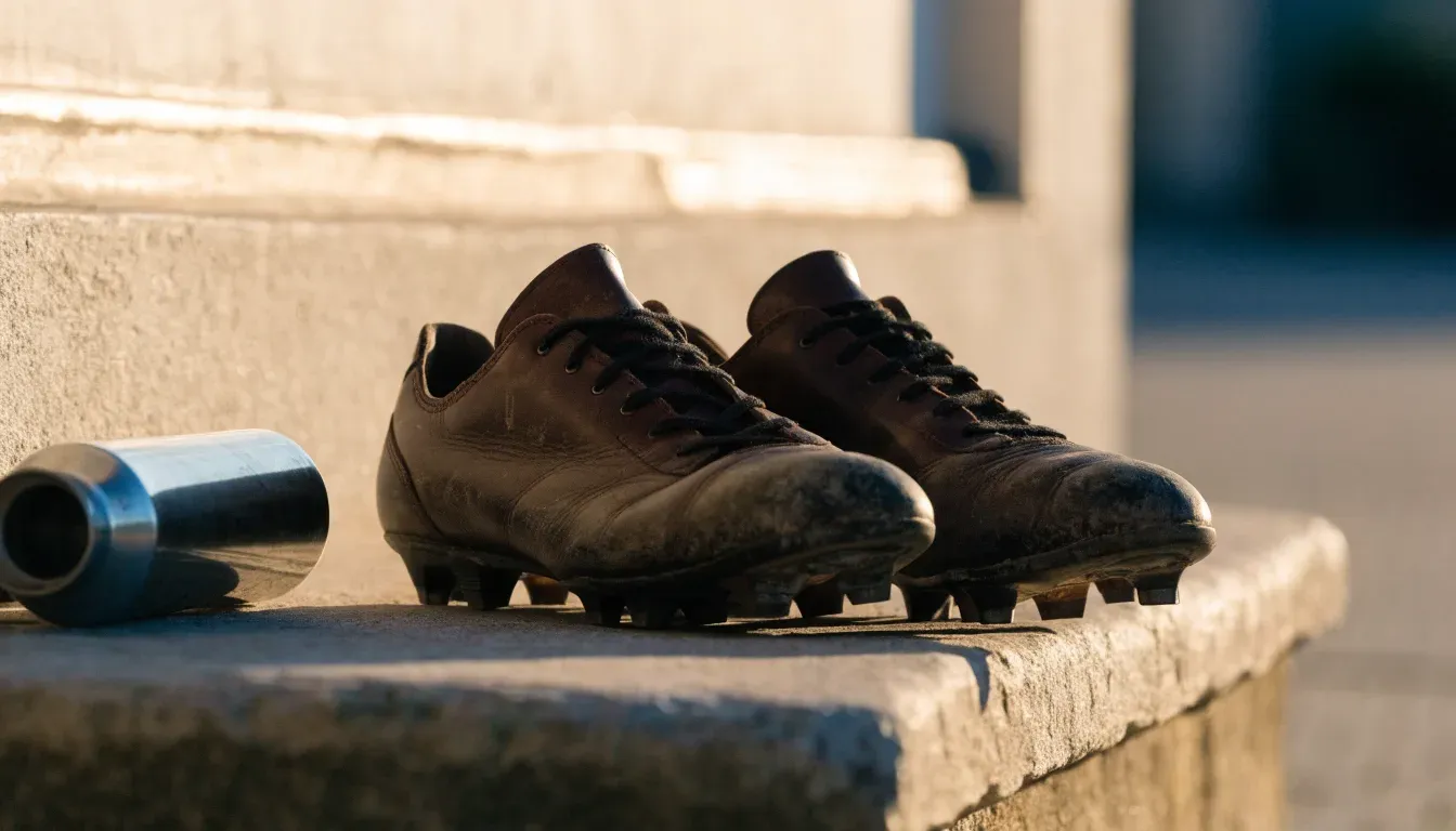 Ein Paar abgetragene Fussballschuhe steht neben einer Wasserflasche auf einer Treppenstufe im Sonnenlicht.