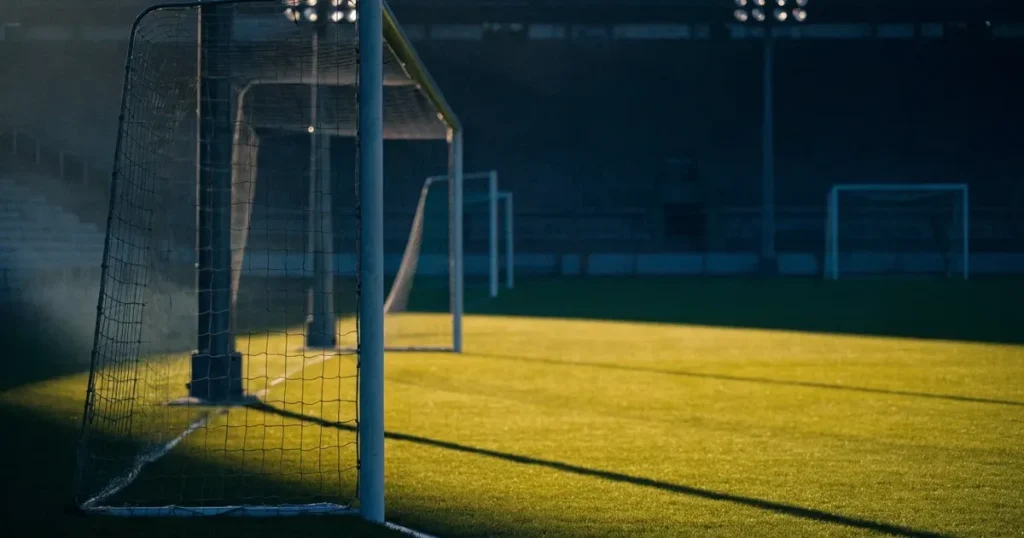 Ein Fussballplatz im Abendlicht mit langen Schatten der Torpfosten, die Rasenfläche leuchtet gelblich.