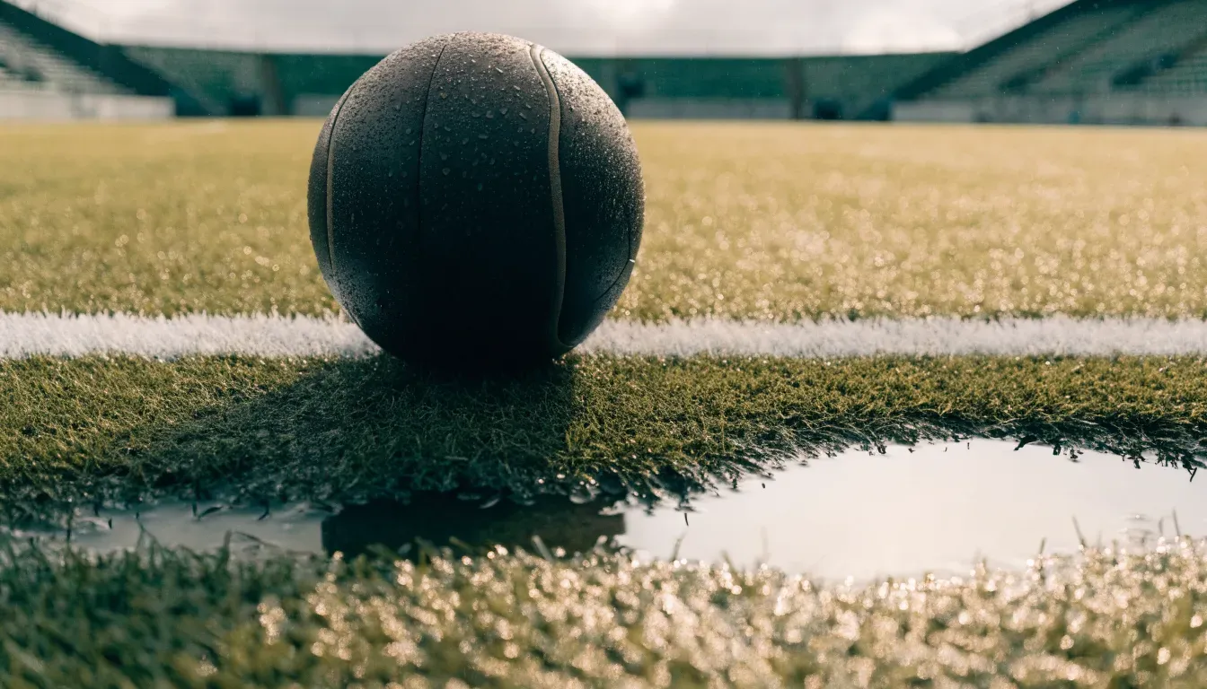 Ein Fussball liegt auf nassem Kunstrasen neben einer weissen Linie, Pfützen spiegeln den Himmel.