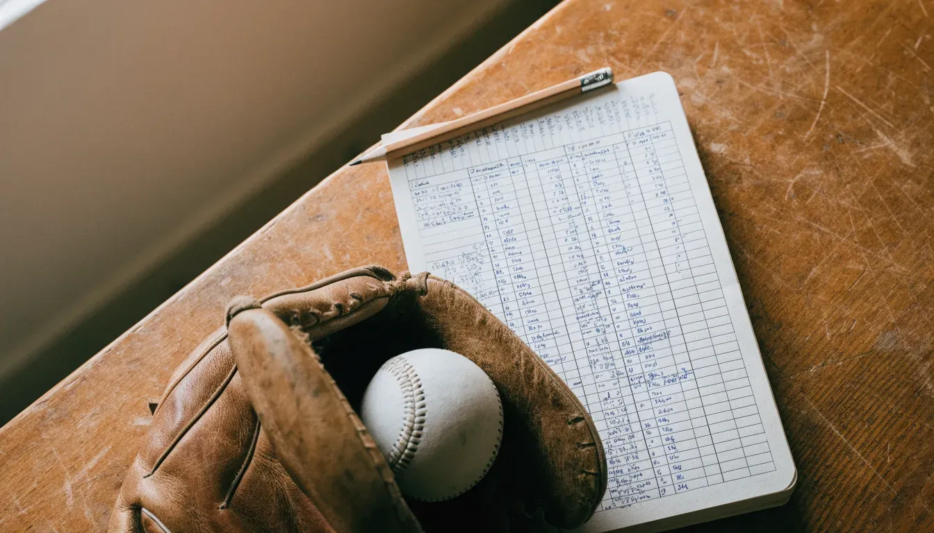Ein aufgeschlagenes Notizbuch mit handgeschriebenen Notizen und ein Bleistift liegen auf einem Holztisch neben einem abgegriffenen Baseballhandschuh.